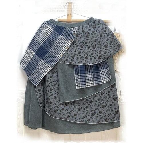 Mori Girl Vintage Lolita Ethnic Retro Bohemian Hippie Boho Embroidery Crochet Plaid Floral Cotton Linen Patchwork Women Skirt