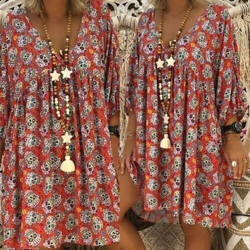 Women Plus Size V-Neck 3/4 Sleeves Loose Flowy T-Shirt Dress Halloween Skull Floral Casual Flared Party Tunic Sundress S-5XL