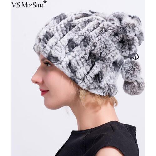 Ms.MinShu Woman Genuine Fur Hat Neck Warmer Real Rex Rabbit Fur Hat 2 in 1 Pompom Fur Hat Women Beanies Genuine Fur Cap