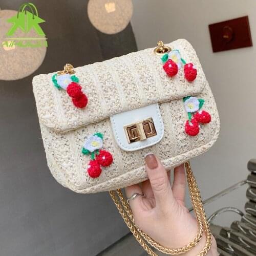 Fashion Chain Straw Woven Handbag Rattan Women Beach Shoulder Bag Summer New Bohemia Girl Totes Flower Design Mini Messenger Bag