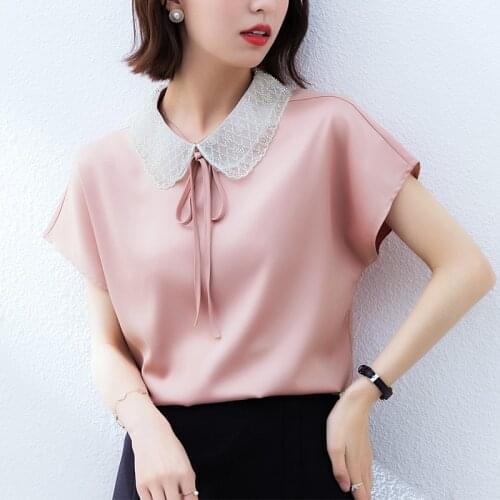Women Blouse Shirt Fashion 2021 Sexy Chiffon Womens Clothing Short Sleeve Beading Turn-down Collar Woman Tops Blusas