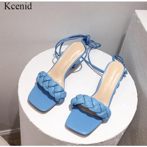 Kcenid Woman sandals 2020 summer thin high heels sandals weave square toe women shoes ankle wrap sexy ladies leather shoes blue