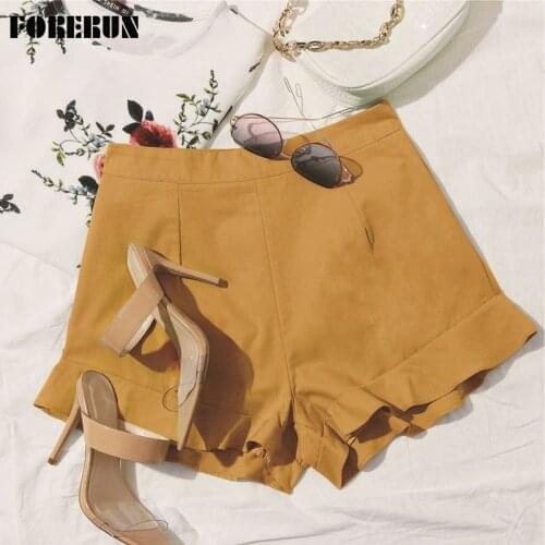 FORERUN Womens Shorts Fashion Summer 2021 Ruffle Cotton Solid Zipper Short Pants