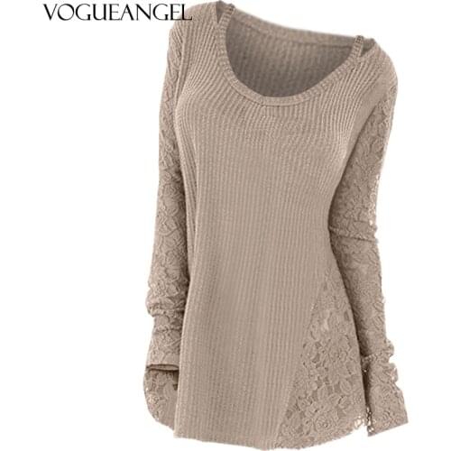 Plus Size 5XL Long Sleeves Lace Panel Cutout Sweater Spring Fall Casual Solid Tunic Tee Ladies Tee Tops Pullover