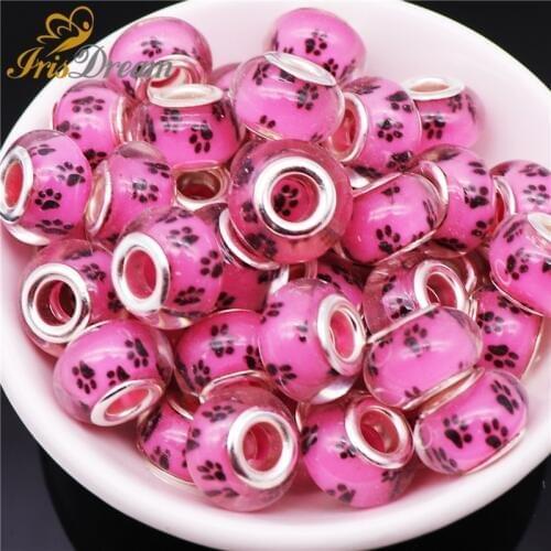 10Pcs Color Dog Paw Acrylic Charms Large Hole Spacer European Beads fit Pandora Bracelet Chain Necklace Bead for Jewelry Making