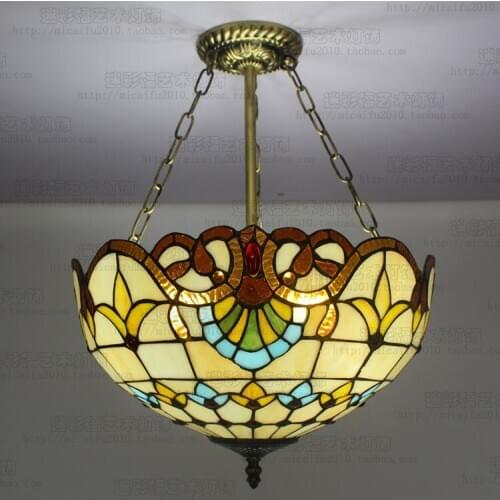 16inch European style retro Baroque Tiffany pendant light stained glass dining room bedroom study reverse hanging lamps