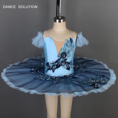 Pale Blue Spandex Bodice with Navy Blue Applique Pre-professional Ballet Tutu Kid & Women Performance Costume Dance Dress BLL071
