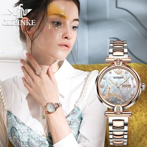 OUPINKE Automatic watches for Women Classic 3D deer luxury Mechanical Sapphire Crystal Rose Gold ladies watch Montre femme 3180