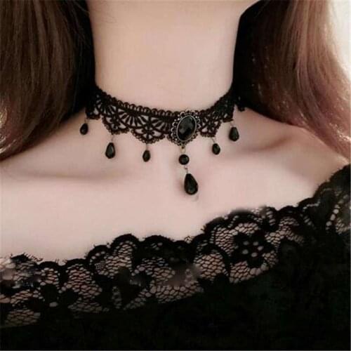 Black Ladies Vintage Palace Gothic Choker Crystal Pendant Design Black Lace Necklace Clavicle Chain Jewelry