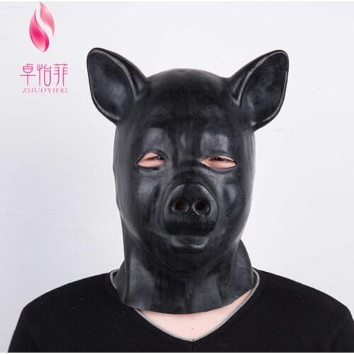 Latex Rubber Fetish Mask with Back Zipper Pig Animal Cosplay Horror Steampunk Accessories Rave Festival Outfit