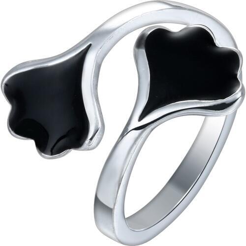 Hainon 2019 New Black leaf Ginkgo Biloba Silver Color ring for women Flower adjustable Wedding luxury gift Engagement Rings