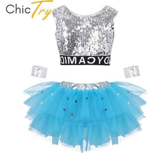 ChicTry Kids Girls Sequins Metallic Crop Top with Mesh Ballet Tutu Skirt Set Children Modern Stage Hip Hop Jazz Dance Costumes