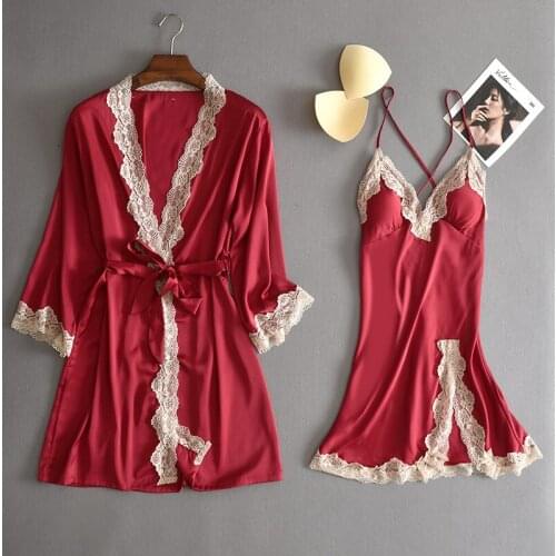 Sexy Women 2PCS Robe Gown Set Lace Strap Top Nightgown Summer Bride Dressing Gown Loungewear Bathrobe Sleepshirt Casual Homewear