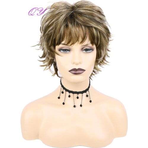 Short Brown Ombre Blonde Curly Synthetic Hair Wigs With Bangs For Women Daily Use High Temperature Fiber