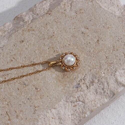 Trendy Water Wave Chain Pearl Pendant Stainless Steel Gold Plated Waterproof Tarnish Free Zircon Necklace For Women Girls Gift