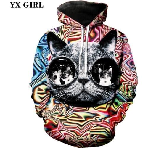 YX GIRL 2018 New Fashion hoodies psychedelic style Sweatshirt animal Cat Funny 3d print Crewneck casual Hoodie Drop shipping