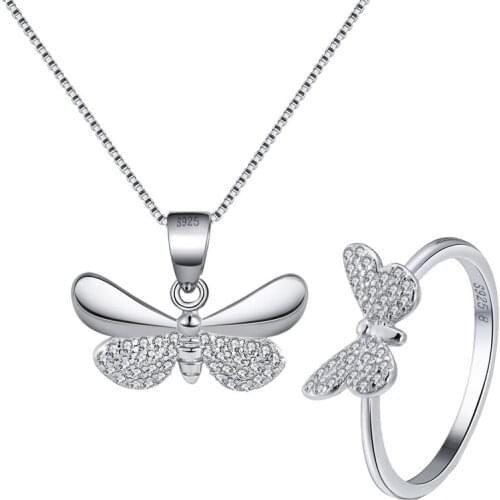 ORSA JEWELS 925 Sterling Silver Shiny Butterfly Necklace and Rings Jewelry Set for Women Kid Girl Halloween Chirstmas Gifts SN89