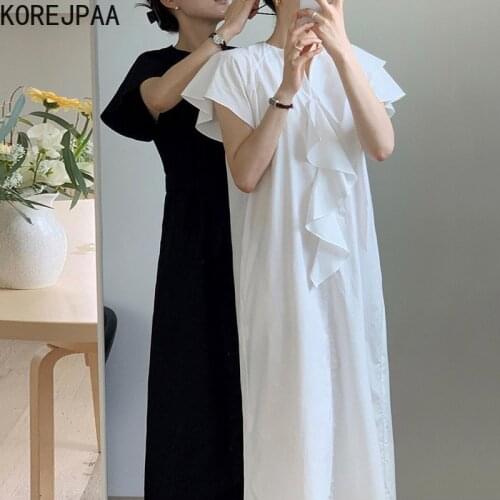 Korejpaa Women Dress 2021 Summer Korea Chic Simple Elegant Solid Color O Neck Ruffled Stitching Loose Strap Long Vestido Female