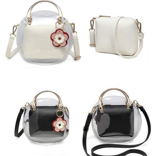 Transparent Fashion Leather Crossbody Bags Sweet Round Handbags With Flower Two Piece With Zipper Purse Daily Shoulder Pouch