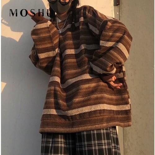 Oversized Pullovers Women Striped Knit Sweater Ulzzang BF Unisex Hip Hop Jumper Retro Couple Japanese Female Winter Fashion Tops