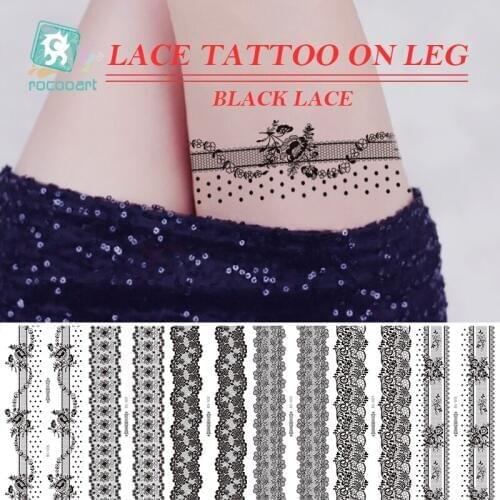 Rocooart Temporary Waterproof Tattoo Sticker For Women Sexy Black Flowers Butterfly Lace Tattoo Stickers On Leg Fake Tatouage