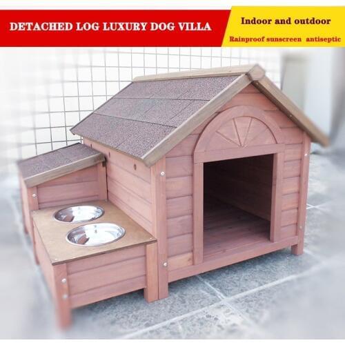Luxury outdoor large kennel, solid wood rainproof and sun-proof dog villa, four seasons warm dog house, indoor wooden kennel