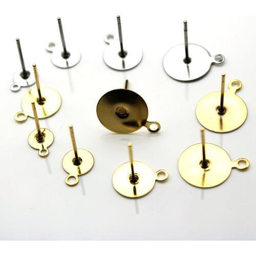 50pcs Stainless Steel Blank Earring Studs Post Pins with Loop Flat Round Tray Base 5 6 8 10 mm Ear DIY Jewelry Making Findings