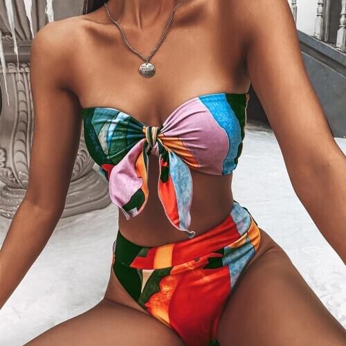 Sexy Bandeau Bikinis Mujer 2021 Swimming Suit Women Two Piece Thong Swimwear Off Shoulder Summer Swimsuit Brazilian Beachwear