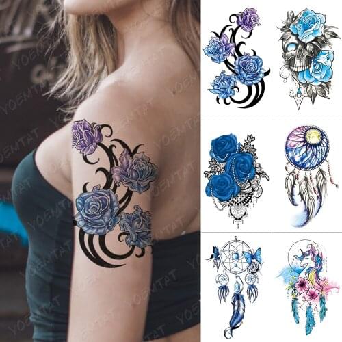 Waterproof Temporary Tattoo Sticker Blue Purple Flower Totem Flash Tattoos Rose Dreamcatcher Body Art Arm Fake Tatoo Women Men