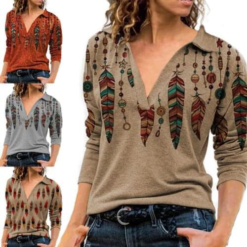 Long Sleeve Casual Blouse Turn-down Collar Chic V Neck Retro Printed Women Blouse Ladies Clothing