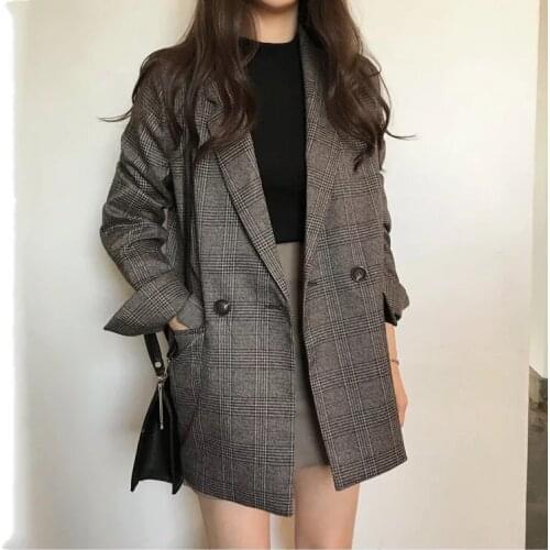 Womens long sleeve jacket vintage coat plaid blazer blazer feminino korean fashion clothing outerwear XL-5XL