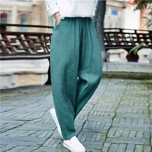Johnature Women Pockets Harem Pants Elastic Waist 2021 Spring New Casual Vintage Trouser Loose Quality Women Cotton Linen Pants