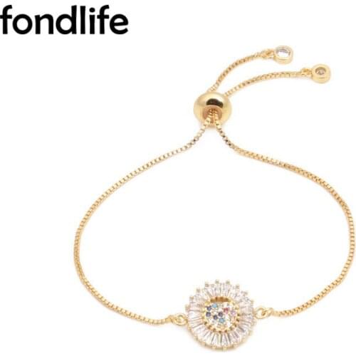 Rainbow Cubic Zirconia Stones Love Heart Charm Bracelet Women Gold-plated Brass Box Chain Round Circle Adjustable Jewelry Gift