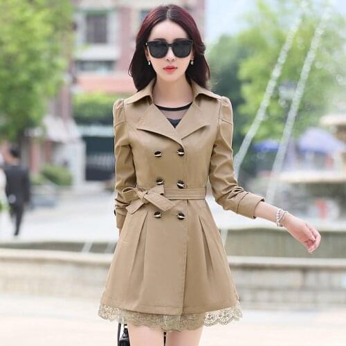 Autumn Trench Coats For Women Turn-down Collar Belted Double Breasted Coats Lace Patchwork Slim Outerwear Overcoat C031