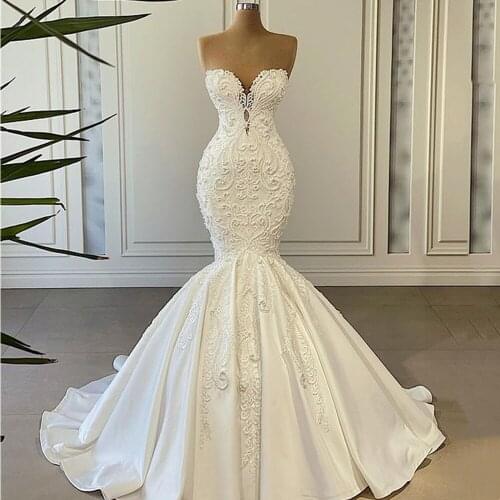 Romantic Beads Lace Mermaid Wedding Dresses Robe de Mariage Sexy Sweetheart Neck Lace up Wedding Bridal Gowns Vestido De Noiva