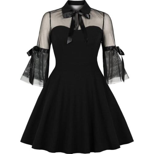 Bow Neck Mesh Sleeve 2021 Spring Summer Elegant Party Women Dresses Gothic Punk Vintage Style High Waist Pocket Side Mini Dress
