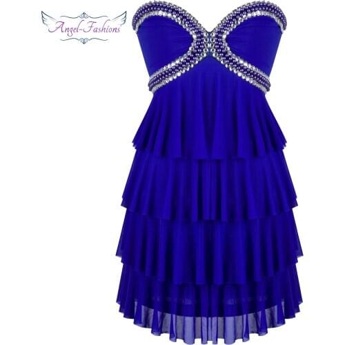 Angel-fashions Strapless Beading Sequined Tiered Stretchy Mesh without Zipper Mini Cocktail Dress robe de soiree Blue D-0009