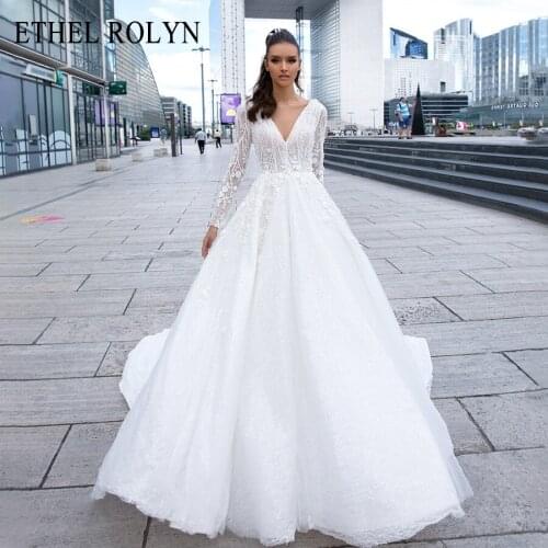 ETHEL ROLYN Princess Wedding Dress 2021 Long Sleeve V-Neck Luxury Beading 3D Appliques Lace Bride Dresses Backless Bridal Gowns