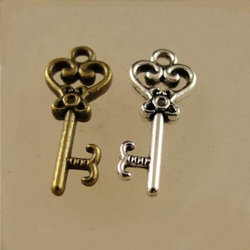 100 PCS 9*21MM Vintage Style Metal Alloy Antique Bronze/Silver Plated Key Pendant Charms For Jewelry Making