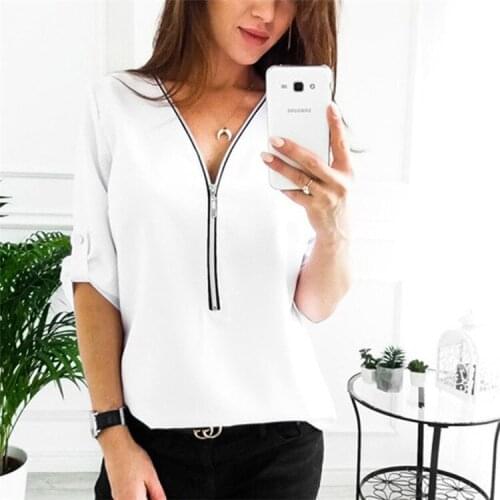 2021 Summer Half Sleeve Top Tshirt Women Zipper V-sleeve Solid White Plus Size 5XL Loose Tee T-shirts Feeme Y2K Fashion Tops