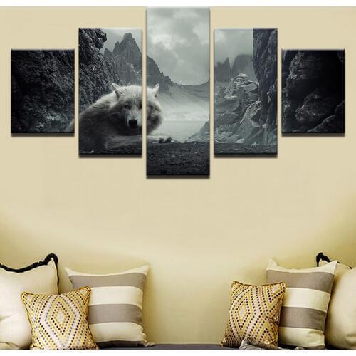 5 Panel Canvas Painting White wolf lying on the hill animal Wall Art Painting Modular Wallpapers Poster Print Home Decor