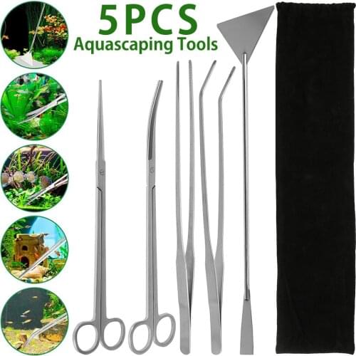 5 Pcs Aquarium Tank Aquascaping Tools Plants Tweezers and Scissors Grass Stainless Steel Cleaning Tools for Aquarium Maintenance