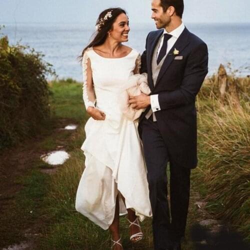 Glamous Lace Appliques Wedding Dresses Mermaid Church Long Sleeve Open Back Crew Neck Sheer Bridal Gowns vestido de noiva