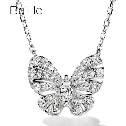 BAIHE Solid 18K White Gold 0.20ct Diamonds Engagement Wedding Trendy Fine Jewelry Gift Beautiful butterfly diamond Necklaces