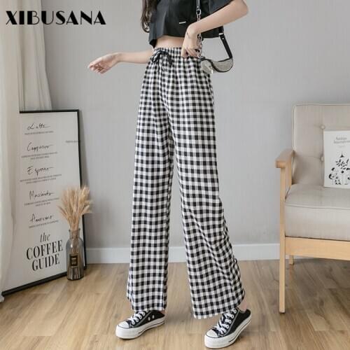 Women Black White Plaid Wide Leg Pants 2020 Spring Autumn High Waist Drawstring Straight Pantalons Female Loose Long Trousers