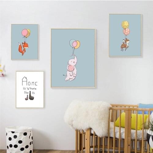Baby Animals Canvas Painting Flying Elephant Giraffe Fox Wall Art Poster Print Cartoon Nursery Pictures Nordic Kid Bedroom Decor