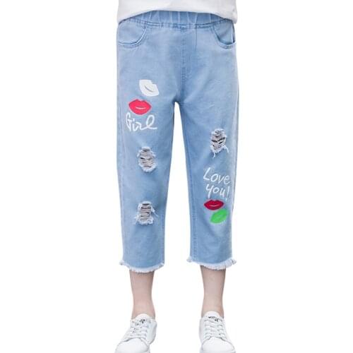 Jeans Girl Letter Girls Summer Jeans Pants Hole Childrens Jeans For Boys Summer Childrens Clothing 6 8 10 12 14