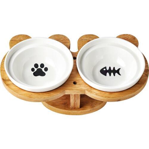 New Amboo Wood Ceramics Cat Bowl Pet Supplies Double Bowls Food Water Bowl Protection Spine High Foot Oblique Pet Feeder
