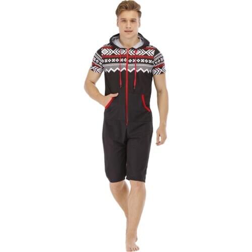 Adult Onesie For Men Short Sleeve Summer Hooded Pajamas Set Black Pajamas Set One Piece Soft Sleepwear