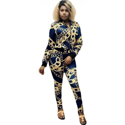 Two Piece Sets Women Zipper Stand Collar Jacket Tops And Skinny Pants Suit Fashion Chain Print 2 Piece Outfits Autumn Winter New